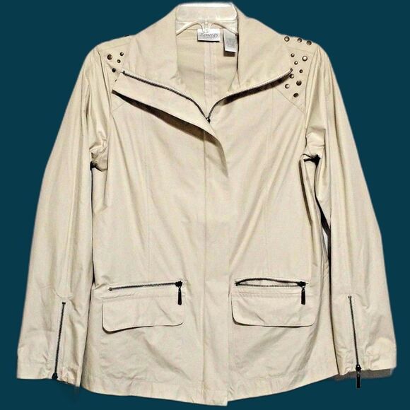 Chicos Zenergy Jacket Womens Size S Beige Lightweight Studded Shoulders - Picture 1 of 8
